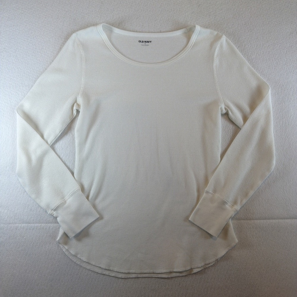 Old Navy Thermal Shirt Women's Medium White Waffle Knit Long Sleeve Curved Hem